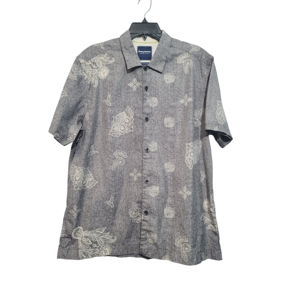 Tommy Bahama Gray Print Shirt Large Island Modern Fit Cotton Silk